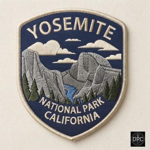 May include: A shield-shaped embroidered patch featuring a dark blue background with the text YOSEMITE NATIONAL PARK CALIFORNIA. The design depicts grey granite mountains, a blue river, green pine trees, and white clouds against a dark sky.