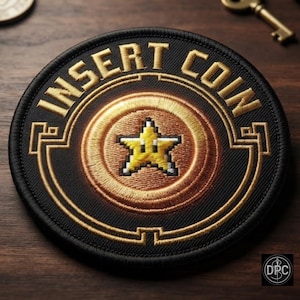 Insert Coin Arcade Patch, Gold Black Retro Gaming Token Badge, Iron-On Embroidered Applique