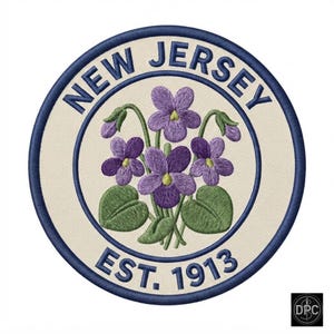 May include: A circular embroidered patch featuring a cream-colored background with a dark blue border. The text NEW JERSEY is arched at the top and EST. 1913 is at the bottom. A cluster of purple violet flowers with green leaves is centered.