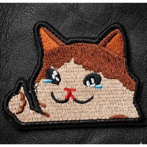 May include: Embroidered patch of a cartoon cat with brown and tan fur, black outlines, and a red nose. The cat has a sad expression with blue tears. The patch is on a black leather-like surface.