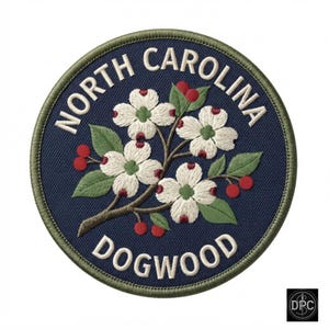 Puede incluir: Un parche bordado circular con fondo azul oscuro y borde verde oliva. El diseño presenta flores de cornejo blancas con detalles rojos, hojas verdes y bayas rojas. El texto NORTH CAROLINA DOGWOOD está bordado en color blanco.