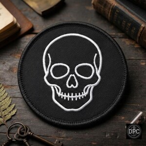Minimal Skull Patch, White Black Embroidered Badge, Iron On Jacket Backpack Hat Vest