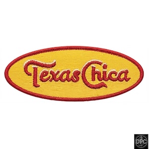 Parche ovalado con la inscripción retro de Texas Chica, insignia western dorada y roja (para planchar)