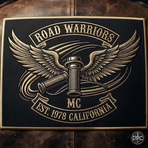 May include: A rectangular black embroidered patch featuring gold-colored thread. The design displays a pair of motorcycle handlebars with wings, the text ROAD WARRIORS at the top, and the text MC EST. 1978 CALIFORNIA at the bottom.