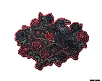Gotischer Stickaufnäher, schwarzer Rabe auf Rosen, dunkles Blumenabzeichen (zum Aufbügeln)