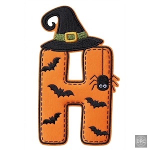 May include: An orange embroidered letter H patch featuring a black witch hat with a green band and gold buckle on top. The letter is decorated with black bat silhouettes and a small black spider with white eyes attached to the right side.