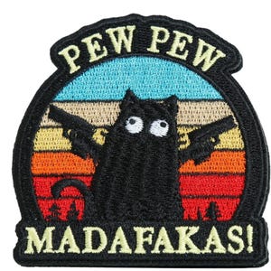 Embroidered Cat Meme Patch, Funny Pew Pew Badge, Vintage Sunset Iron-On, Jacket Backpack Accessory