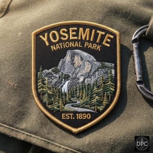 Puede incluir: Un parche bordado en forma de escudo con fondo negro y borde dorado. Representa un paisaje montañoso con una cascada, pinos y un sendero sinuoso. El texto YOSEMITE NATIONAL PARK y EST. 1890 aparece en letras de color dorado.