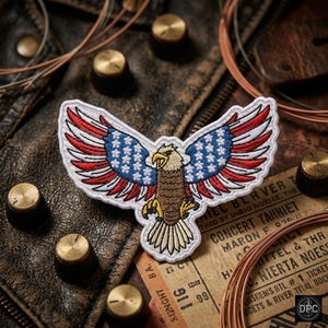 May include: An embroidered patch featuring a bald eagle with wings spread wide. The wings display a pattern of red and white stripes with blue sections containing white stars. The eagle has a brown body, yellow beak, and yellow talons.