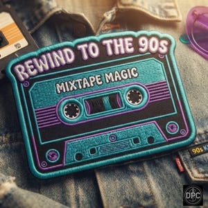 Può includere: Una toppa ricamata a forma di cassetta audio con filo color verde acqua, viola e nero. Il testo recita REWIND TO THE 90S e MIXTAPE MAGIC in caratteri bianchi. Il design presenta due bobine circolari e dettagli rettangolari.