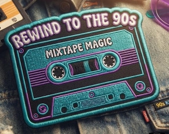 Aufnäher mit Kassettenmotiv aus den 90er Jahren, Retro Y2K, zum Aufbügeln oder Aufnähen (Türkis-Lila)
