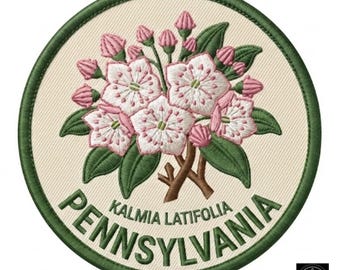 Haftowana naszywka z motywem wawrzynu górskiego z Pensylwanii, odznaka botaniczna Kalmia Latifolia (do prasowania)
