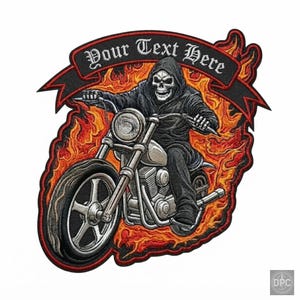 Custom Grim Reaper Motorcycle Embroidered Patch, Flaming Biker Vest Back Patch, Personalized Banner Text, Sew On, Iron On, Hook and Loop