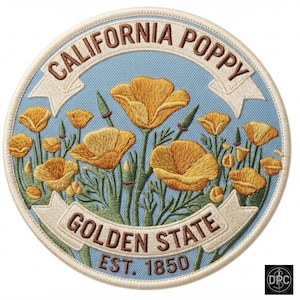 May include: A circular embroidered patch featuring a light blue background with yellow California poppy flowers and green stems. The text CALIFORNIA POPPY is arched at the top, and GOLDEN STATE EST. 1850 is printed on a banner at the bottom.