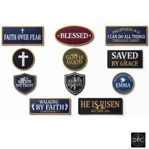 May include: A collection of eleven embroidered patches in various shapes including rectangles, circles, and shields. The patches feature religious text and symbols in gold, white, blue, black, and maroon, with gold-colored stitched borders.