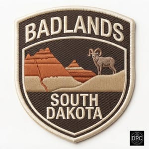 May include: A shield-shaped embroidered patch with a dark brown background and a cream-colored border. It features the text BADLANDS at the top and SOUTH DAKOTA at the bottom in cream. The center depicts orange-brown rock formations and a bighorn sheep.
