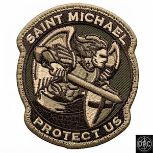 May include: A circular embroidered patch featuring a depiction of Saint Michael in shades of olive green, brown, and tan. The figure holds a sword and shield. The text SAINT MICHAEL is arched at the top and PROTECT US is arched at the bottom.