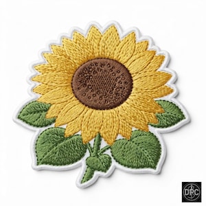 May include: An embroidered patch featuring a vibrant sunflower with bright yellow petals and a textured dark brown center. The flower is supported by a green stem and three detailed green leaves, all outlined with a clean white border.