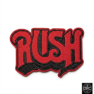 Embroidered RUSH Patch, Red Black Rock Band Logo, Iron On Jacket Badge