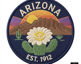 Naszywka z motywem zachodzącego słońca z motywem kwiatu saguaro w Arizonie, haftowana odznaka z pustynnym krajobrazem (do naprasowania)