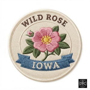 May include: A circular embroidered patch with a cream background featuring a pink wild rose with green leaves and a small bud. The text WILD ROSE is arched in brown above the flower, and the word IOWA is in white on a blue ribbon below.