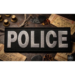 May include: A rectangular black fabric patch featuring the word POLICE embroidered in large, bold, silver-white capital letters. The patch has a clean, stitched border and a flat, uniform surface texture, designed for attachment to clothing or gear.