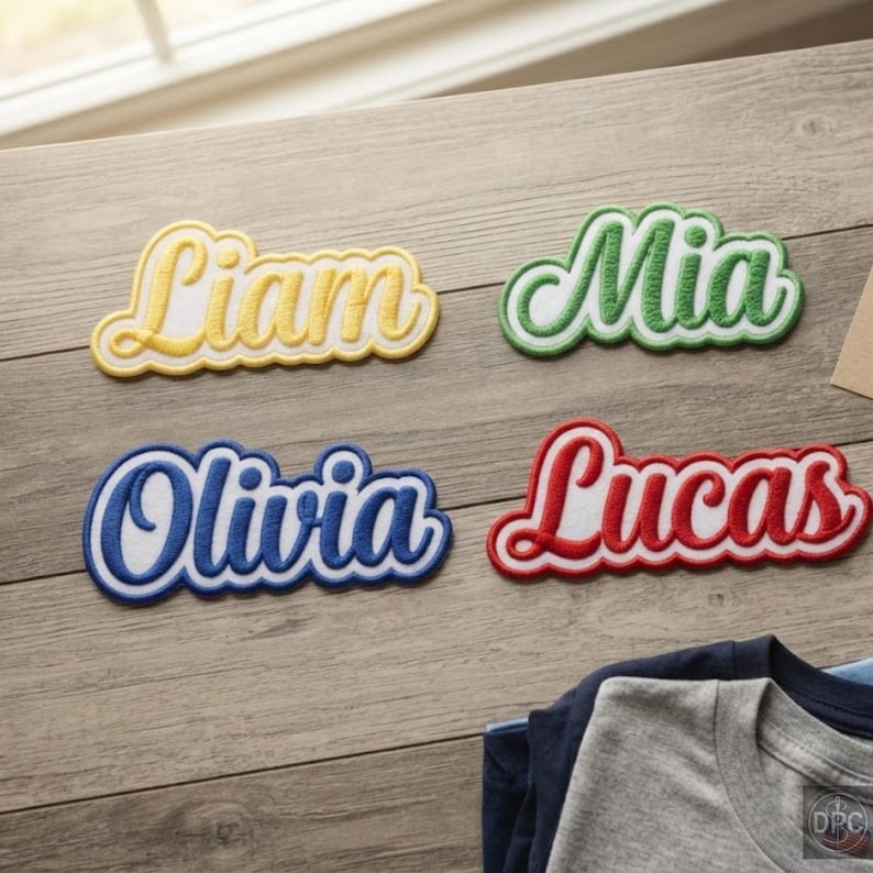 K&ouml;nnte beinhalten: Vier bestickte Namensaufn&auml;her mit den Namen Liam in Gelb, Mia in Gr&uuml;n, Olivia in Blau und Lucas in Rot. Jeder Aufn&auml;her zeigt eine wei&szlig;e Schreibschrift mit einem dicken, farbigen Rand und einer wei&szlig;en Umrandung auf einer Holzoberfl&auml;che.