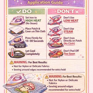 K&ouml;nnte beinhalten: Eine Anleitung zum Aufb&uuml;geln eines Patches von Dollar PatchesCo. Die Grafik enth&auml;lt einen DO und DON'T Bereich mit Illustrationen eines B&uuml;geleisens, eines Patches und eines Tuchs sowie Textanweisungen zu Hitzeeinstellungen und Abk&uuml;hlzeiten.