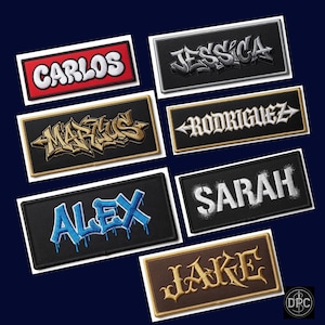 May include: A collection of seven rectangular embroidered patches featuring various names including Carlos, Jessica, Marcus, Rodriguez, Alex, Sarah, and Jake. Each patch displays a unique font style, colour scheme, and border design on a dark background.