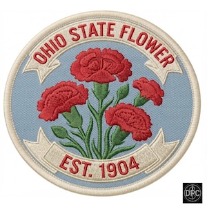 May include: A circular embroidered patch featuring a light blue background with three red carnations and green stems. The text OHIO STATE FLOWER is arched across the top in red, and EST. 1904 is printed in red on a cream banner at the bottom.