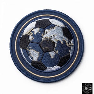Embroidered World Map Soccer Ball Patch, Navy Gold Globe Football Badge, Iron On Applique