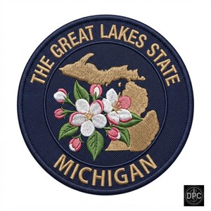 Embroidered Michigan State Patch, Apple Blossom Map, Michigan (Iron-On)