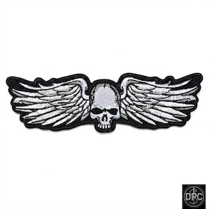 Embroidered Winged Skull Patch, Black White Rock Biker Badge, Iron On Applique