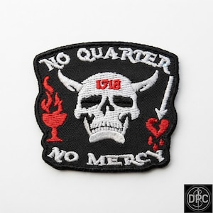 No Quarter Mercy Pirate Skull, Horned Flag Embroidered Badge, Iron On Tactical Patch
