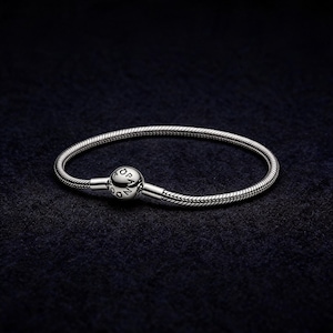 May include: A silver snake chain bracelet featuring a round clasp with the word PANDORA engraved on its surface. The bracelet has a flexible, woven metal texture and a polished finish, forming a circular shape with the clasp centered at the front.
