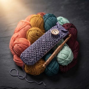 May include: A purple crocheted case with a wooden button closure, resting on a collection of yarn balls in shades of orange, yellow, teal, mint green, and deep burgundy. A wooden crochet hook lies diagonally across the yarn and case.