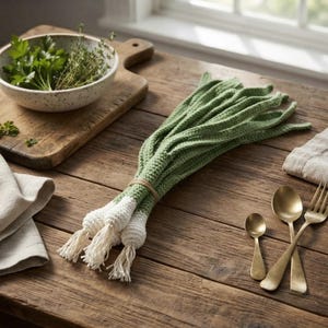 Könnte beinhalten: Ein Bündel aus drei gehäkelten Lauchen mit langen, strukturierten grünen Stielen und weißen, zwiebelförmigen Ansätzen mit ausgefransten, cremefarbenen Garnwurzeln. Die Lauche sind mit einer dünnen, naturfarbenen Schnur zusammengebunden.
