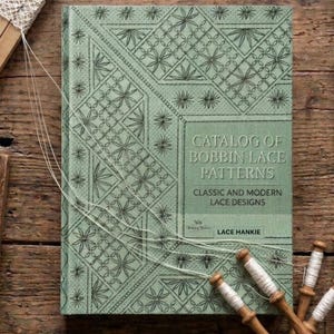 Puede incluir: Un libro verde claro titulado "Catálogo de patrones de encaje de bolillos" con diseños de encaje clásicos y modernos. La portada presenta un patrón geométrico en verde oscuro. Se ven bolillos e hilo.