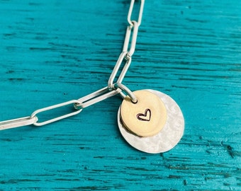 Heart-Initial Paperclip Necklace - Coin Medallion Necklace - Custom Pendant - Sterling Silver - Gold - Personalized-Handmade - Gift for Her