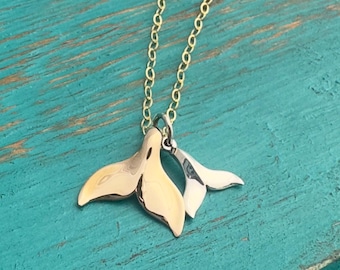 Mixed Metal Mommy & Me Whale Tail Necklace - Double Whale Tail - Sterling Silver/Gold - Mom Necklace - Mom Gift - Gift for Her-Fin Necklace