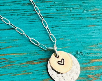 Sterling & Gold Heart Necklace - Paperclip Chain Necklace - Trendy Necklace - Gift for Mom - Personalized Jewelry - Hand Stamped Jewelry