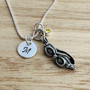 NEW! Sterling Goggle Initial Necklace - Personalized Swimmer Necklace - Initial Necklace-Swim Jewelry - Round Swim Charm-Custom Gift for Her