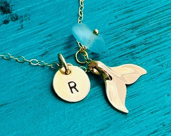 Personalized Whale Tail Necklace - Initial Necklace - Gold/Sterling Silver Whale