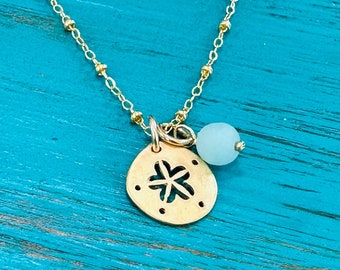 Gold Sand Dollar Necklace • Beach Jewelry • Sea Glass Necklace • Destination Wedding • Vacation Jewelry • Gold Sterling • Gift for Her • Mom