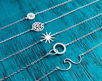 Sterling Silver 925 Necklace-Sun-Compass-Family Tree-Sun-Infinity-Wave