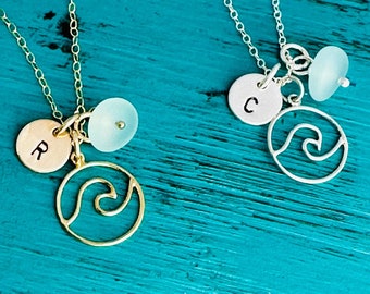 Personalized Wave Sea Glass Necklace - Silver/Gold Initial Necklace