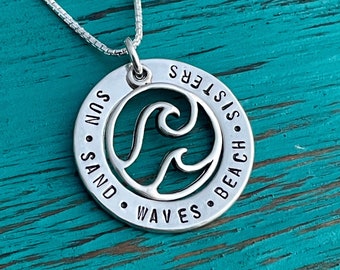 Personalized Circle Necklace - Custom Beach Necklace - Washer Necklace - Round Wave Charm Necklace - Sterling Silver - Gift for Sister