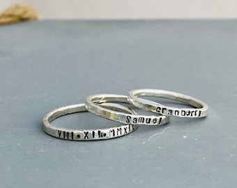 Hammered Silver Name Rings - 925 Sterling Silver - Hand Stamped - Stacking/Stackable Rings - Rustic Organic Rings - Custom Personalized