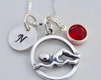 Custom Swim Initial Necklace - Swimmer Necklace - Swim Gift - Swim Charm - Sterling Silver - Hand Stamped - Initial Jewelry - Gift for Mom