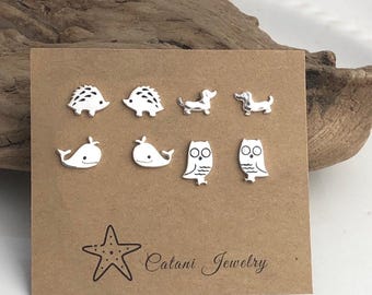 SALE - Animal Stud Earrings - Sterling Silver- Post Earrings - Hedgehog - Dachshund - Whale - Owl - Gift for her -  End of Summer Sale